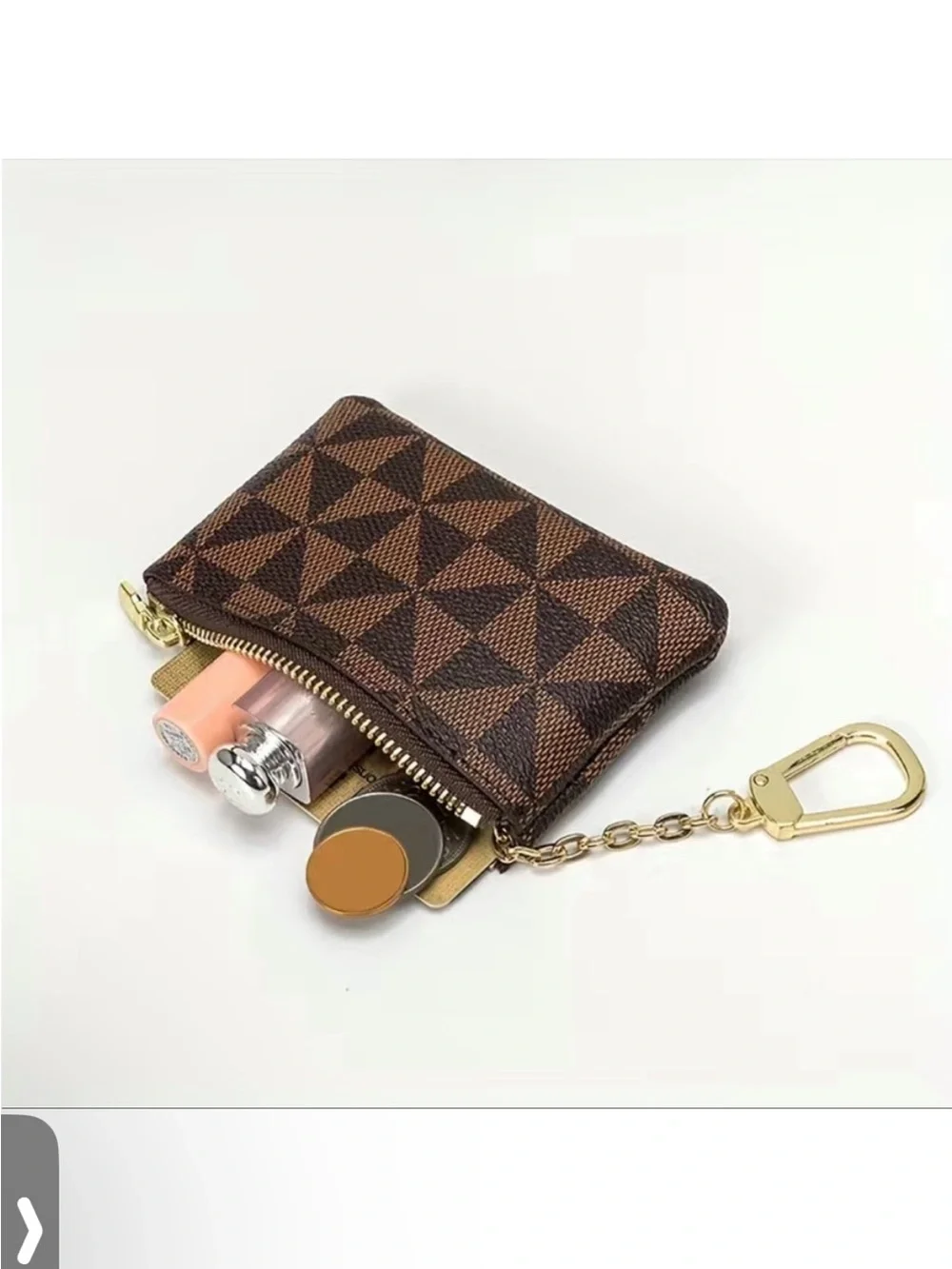 Brown Geometric Pattern Coin Pouch with Goldtone Keychain